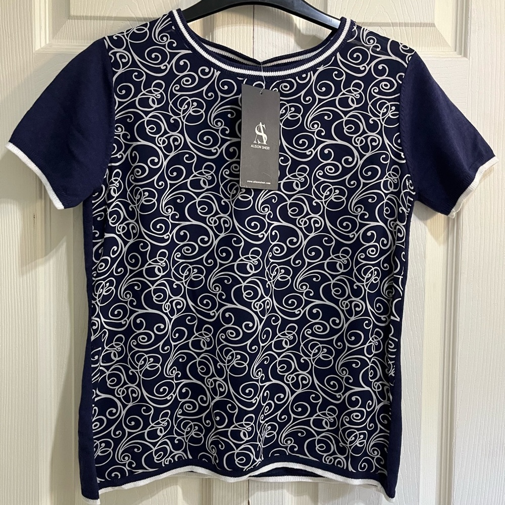 Alison Sheri Navy Blue/White Printed Top in Size Small